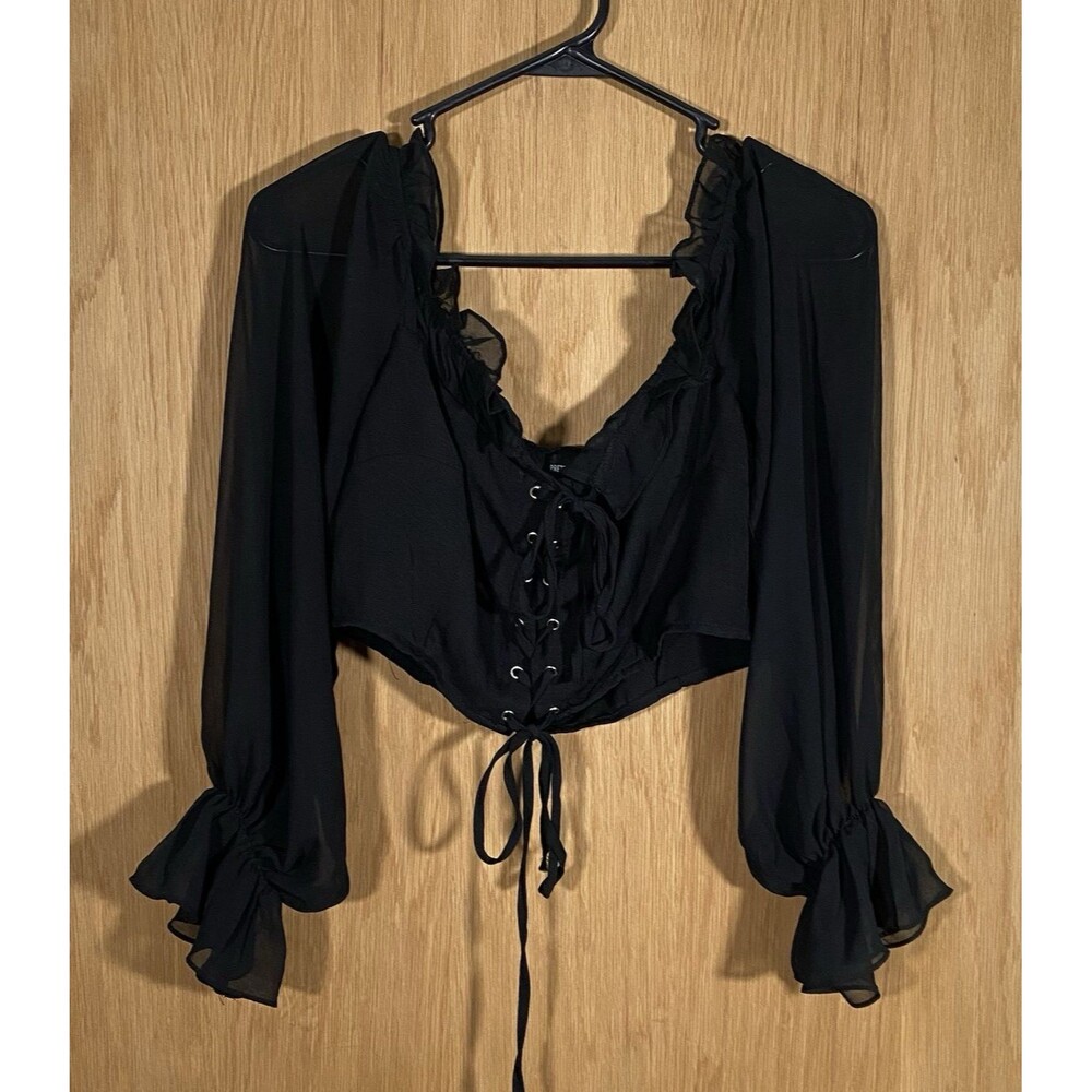 Women's L Crop Top Black Sheer Sleeves WhimsiGoth Festival Fairy Grunge Witchy